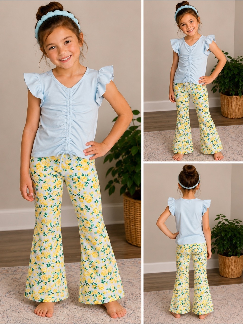 NWT btween Blue Ruched Top & Yellow Floral Bell Bottom Set Girls Size 5